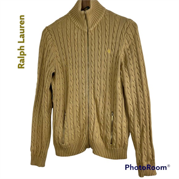 Ralph Lauren Tan Cable Knit Cardigan - Picture 1 of 8